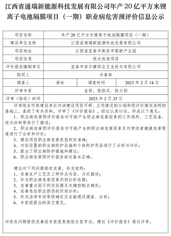 江西省通瑞新能源科技發(fā)展有限公司年產(chǎn)20億平方米鋰離子電池隔膜項目（一期）職業(yè)病危害預評價信息公示.jpg